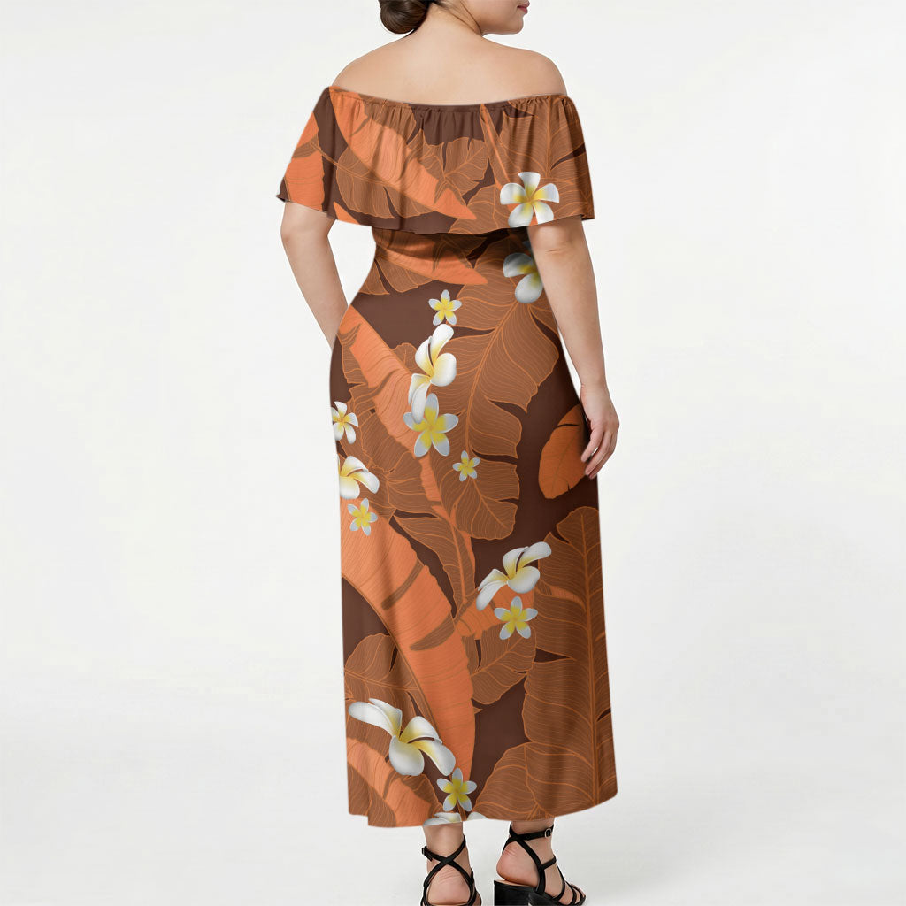 Orange Banana Leaf Hawaii Off Shoulder Maxi Dress Lau Maia Plumeria Tropical Summer Vibes LT14 - Polynesian Pride
