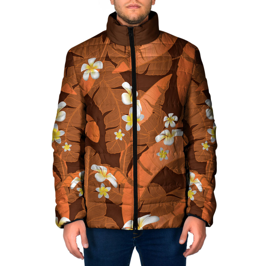 Orange Banana Leaf Hawaii Padded Jacket Lau Maia Plumeria Tropical Summer Vibes