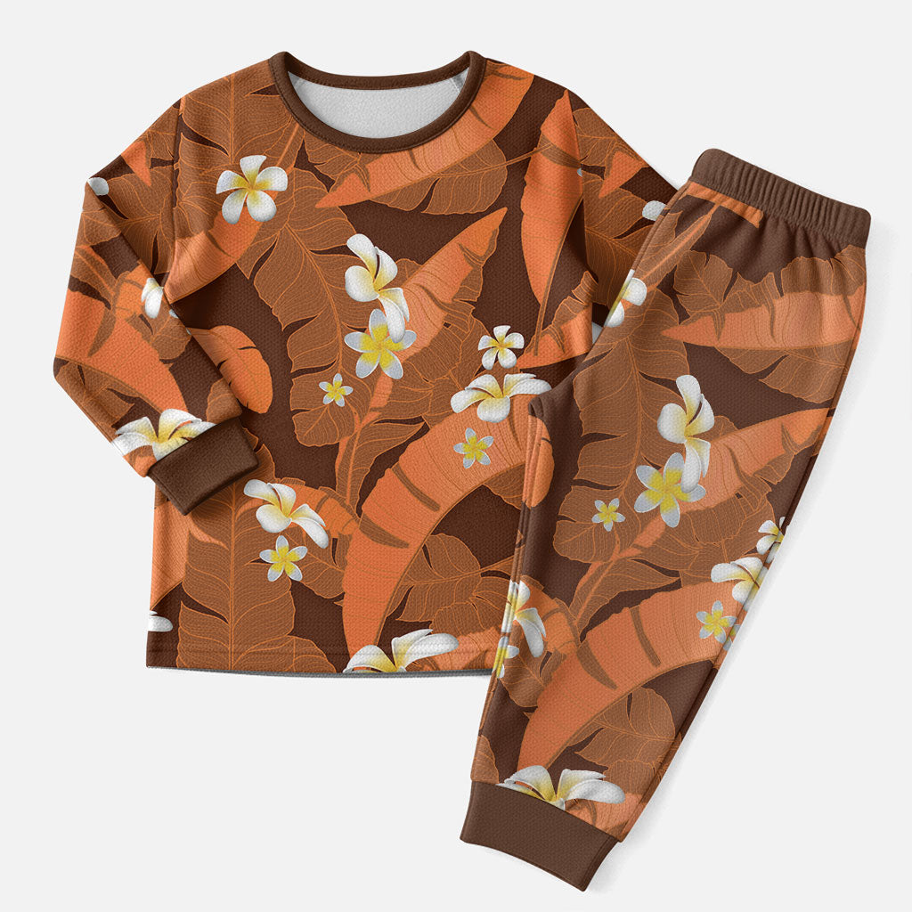 Orange Banana Leaf Hawaii Christmas Pajama Set Lau Maia Plumeria Tropical Summer Vibes LT14 Men Orange - Polynesian Pride