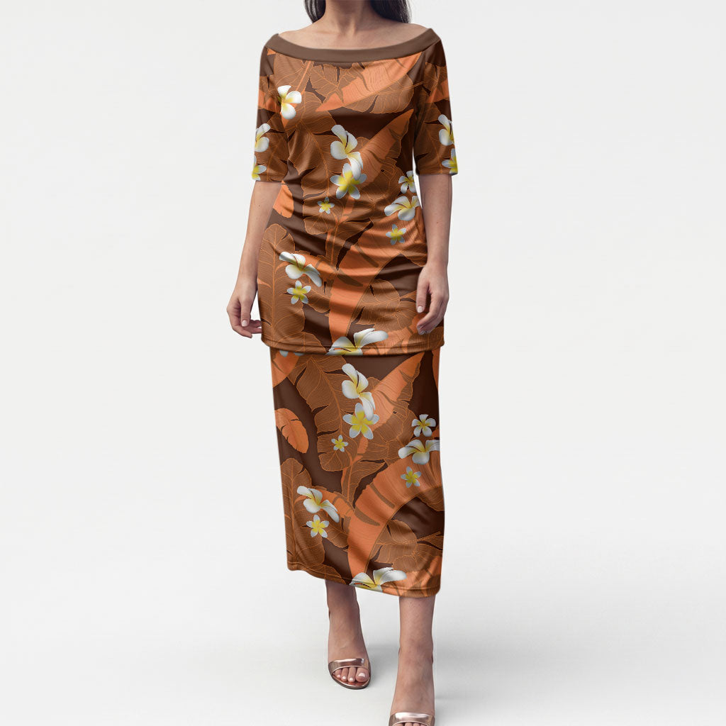 Orange Banana Leaf Hawaii Puletasi Lau Maia Plumeria Tropical Summer Vibes LT14 Long Dress Orange - Polynesian Pride