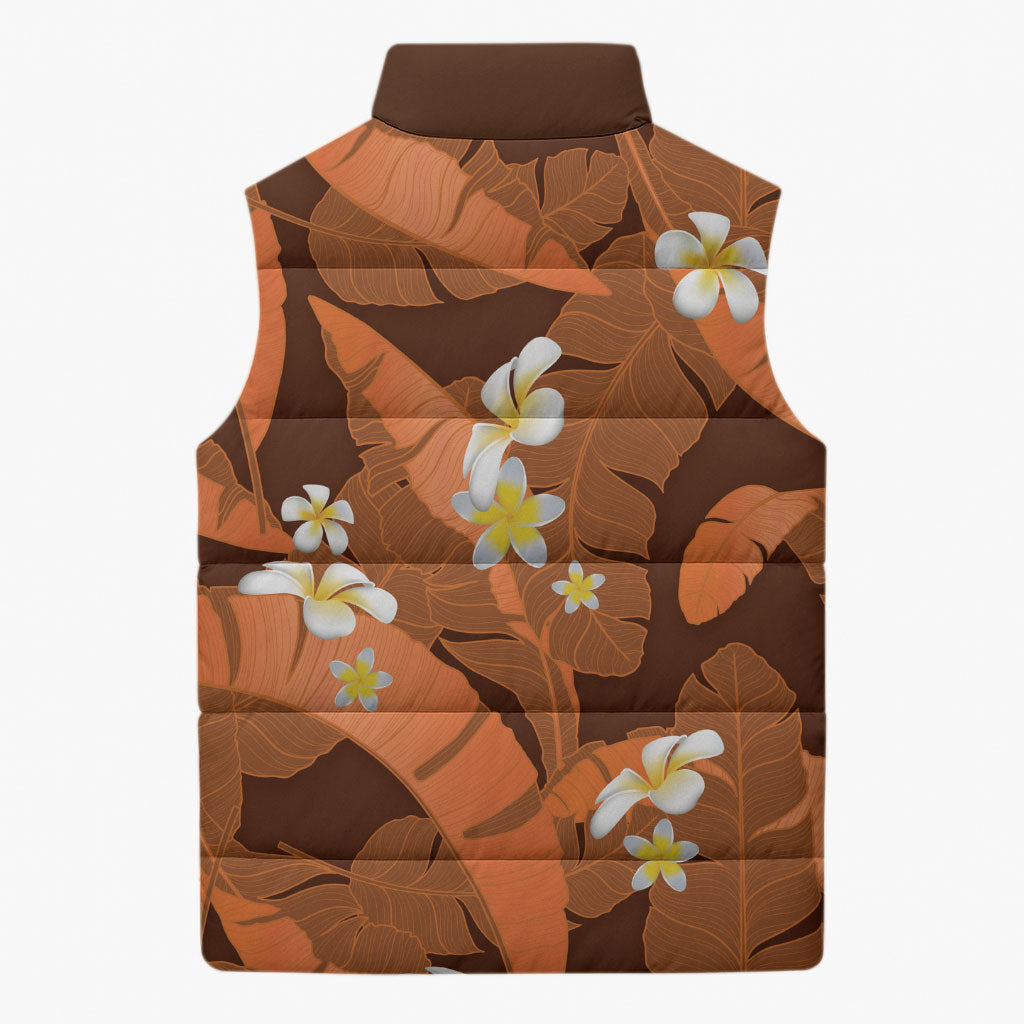 Orange Banana Leaf Hawaii Sleeveless Puffer Jacket Lau Maia Plumeria Tropical Summer Vibes LT14 - Polynesian Pride