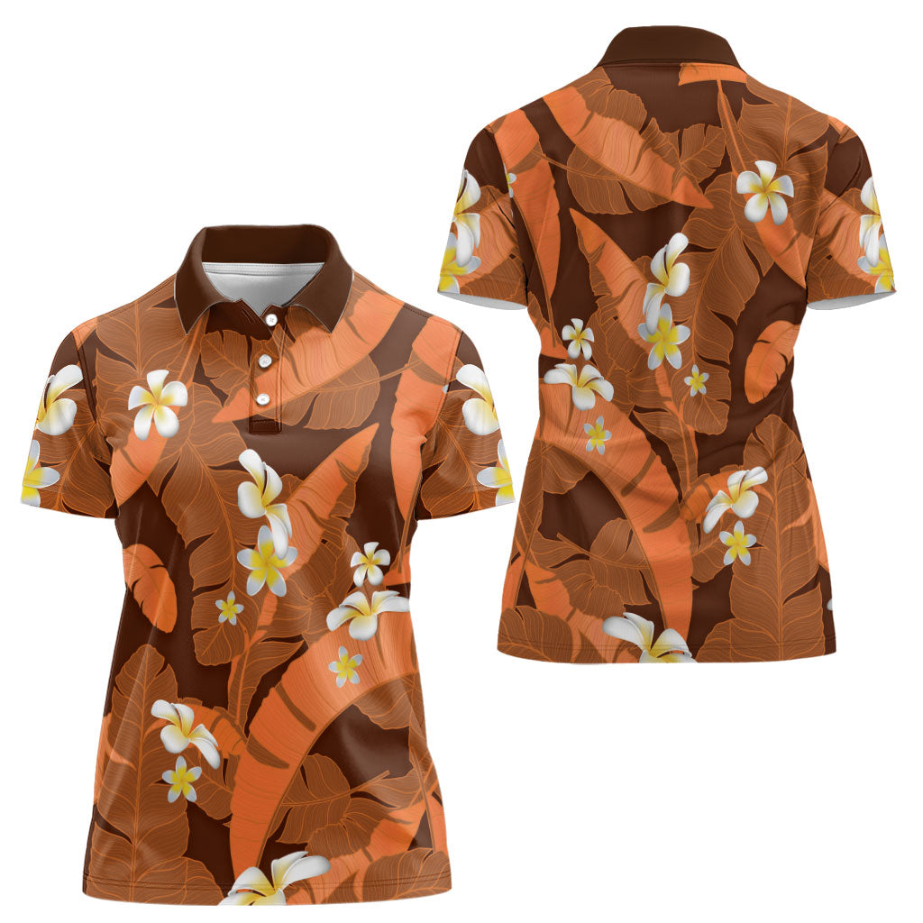 Orange Banana Leaf Hawaii Women Polo Shirt Lau Maia Plumeria Tropical Summer Vibes