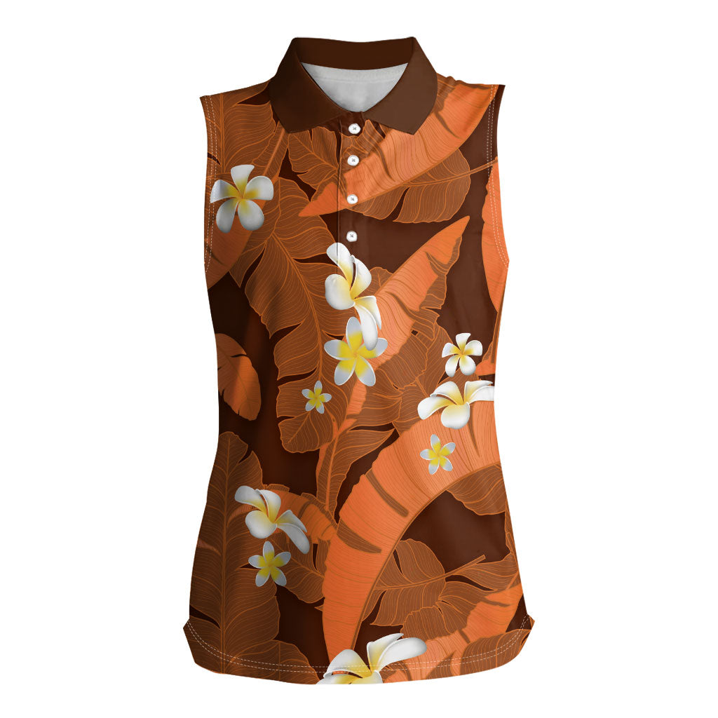 Orange Banana Leaf Hawaii Women Sleeveless Polo Shirt Lau Maia Plumeria Tropical Summer Vibes