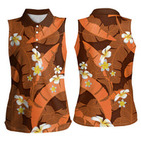 Orange Banana Leaf Hawaii Women Sleeveless Polo Shirt Lau Maia Plumeria Tropical Summer Vibes