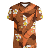 Orange Banana Leaf Hawaii Women V-Neck T-Shirt Lau Maia Plumeria Tropical Summer Vibes