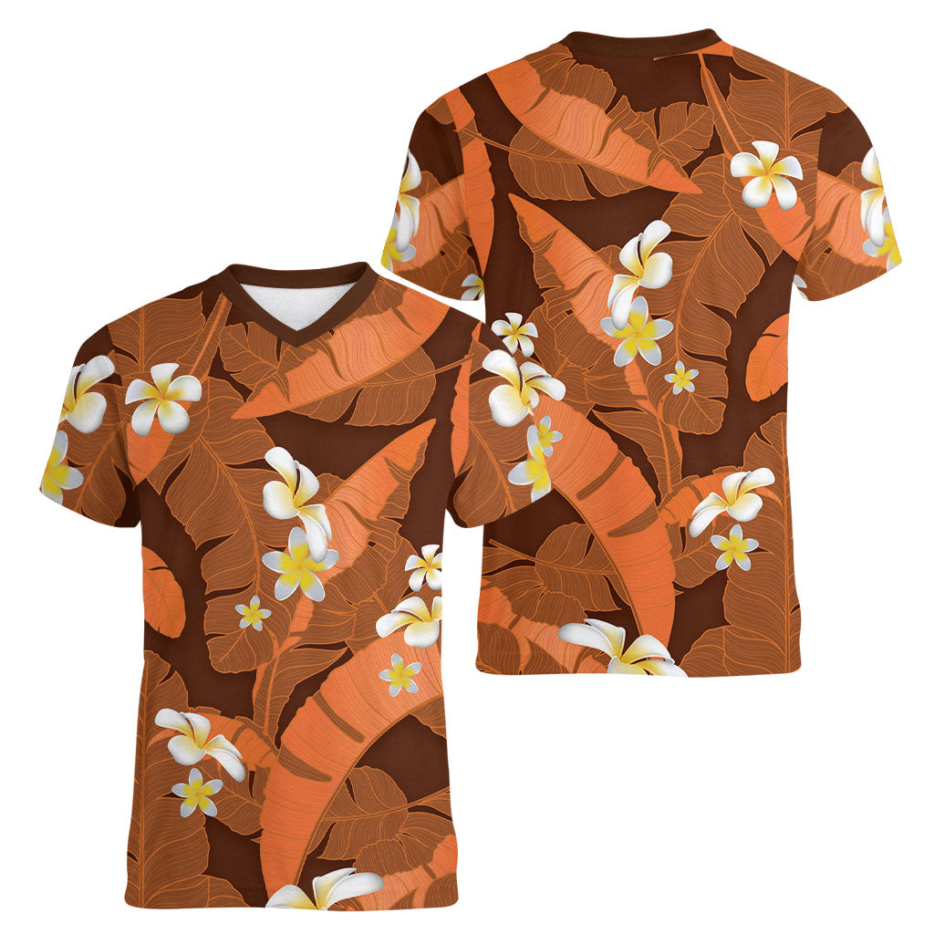 Orange Banana Leaf Hawaii Women V-Neck T-Shirt Lau Maia Plumeria Tropical Summer Vibes