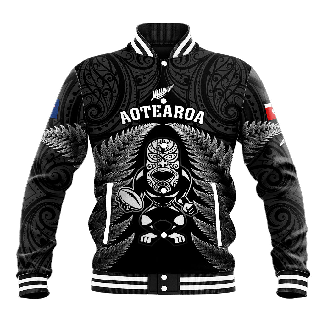 New Zealand Aotearoa Rugby Baseball Jacket NZ Tiki With Maori Fern World Cup Black Version LT14 Unisex Black - Polynesian Pride