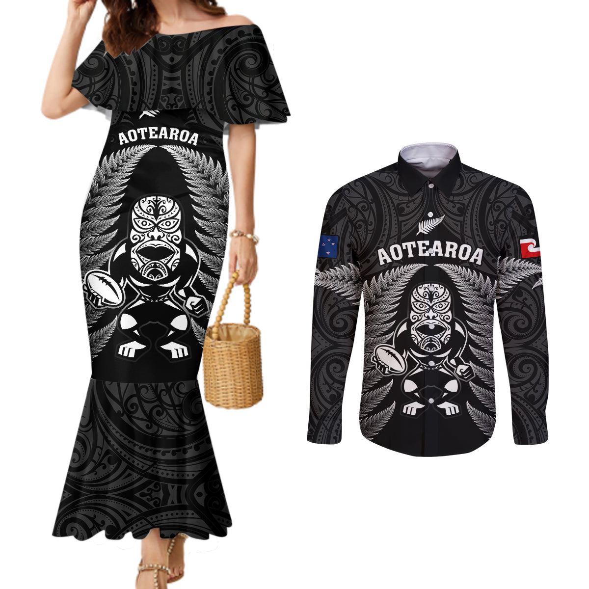 New Zealand Aotearoa Rugby Couples Matching Mermaid Dress and Long Sleeve Button Shirts NZ Tiki With Maori Fern World Cup Black Version LT14 Black - Polynesian Pride