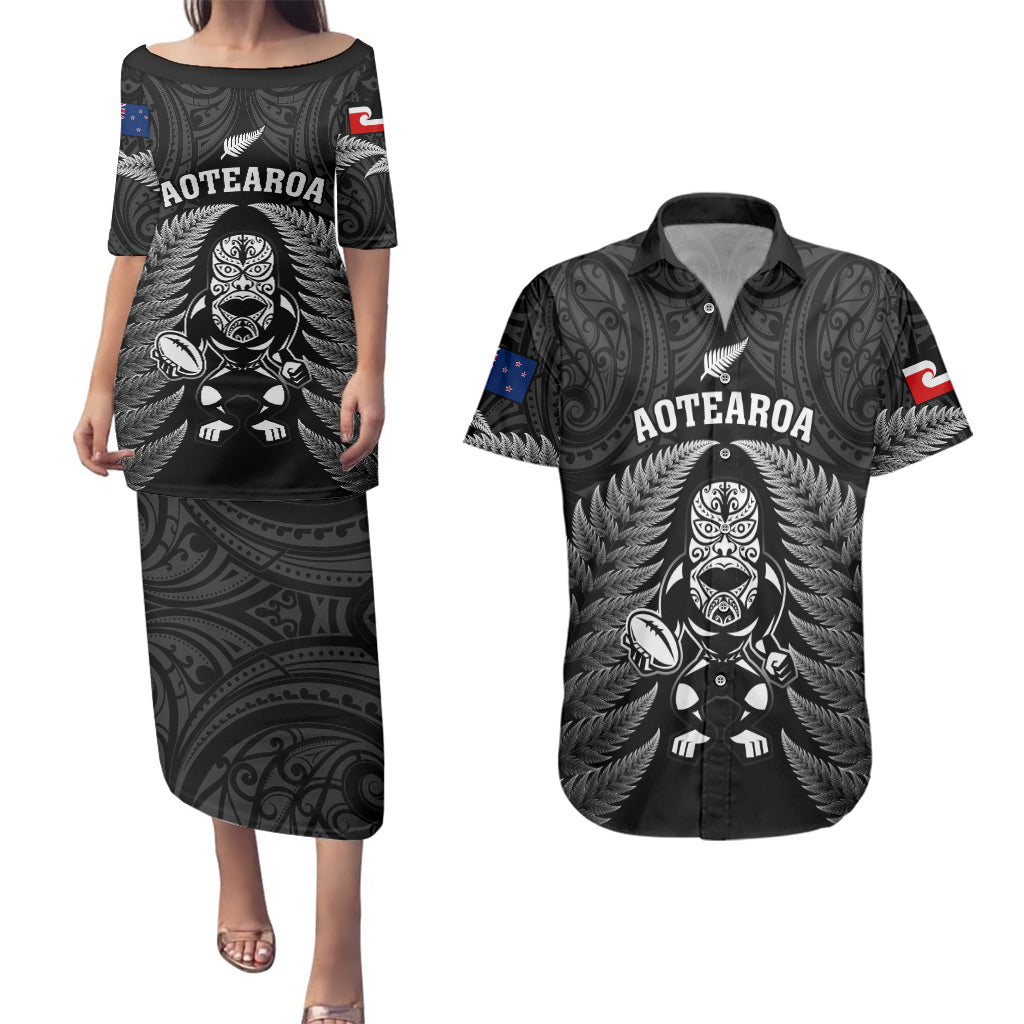 New Zealand Aotearoa Rugby Couples Matching Puletasi Dress and Hawaiian Shirt NZ Tiki With Maori Fern World Cup Black Version LT14 Black - Polynesian Pride