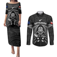 New Zealand Aotearoa Rugby Couples Matching Puletasi Dress and Long Sleeve Button Shirts NZ Tiki With Maori Fern World Cup Black Version LT14 Black - Polynesian Pride