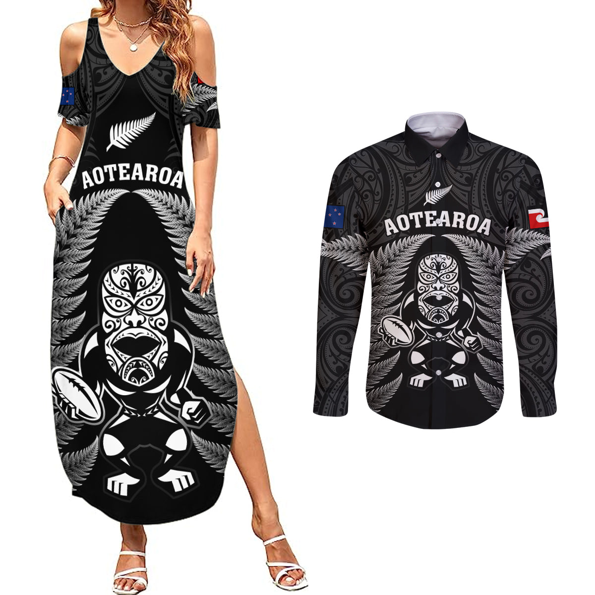 New Zealand Aotearoa Rugby Couples Matching Summer Maxi Dress and Long Sleeve Button Shirts NZ Tiki With Maori Fern World Cup Black Version LT14 Black - Polynesian Pride