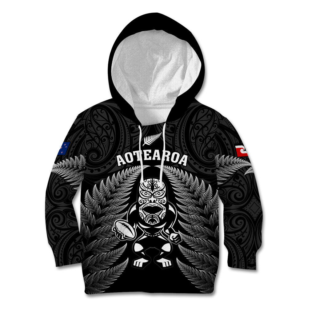 New Zealand Aotearoa Rugby Kid Hoodie NZ Tiki With Maori Fern World Cup Black Version LT14 Hoodie Black - Polynesian Pride