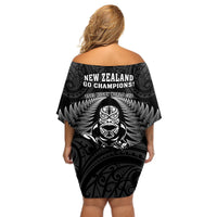 New Zealand Aotearoa Rugby Off Shoulder Short Dress NZ Tiki With Maori Fern World Cup Black Version LT14 - Polynesian Pride