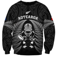 New Zealand Aotearoa Rugby Sweatshirt NZ Tiki With Maori Fern World Cup Black Version LT14 Unisex Black - Polynesian Pride