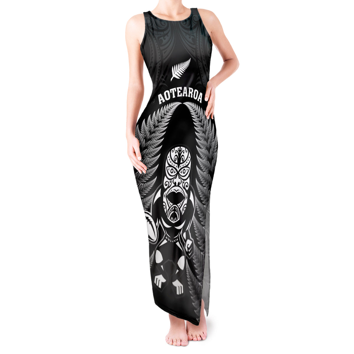 New Zealand Aotearoa Rugby Tank Maxi Dress NZ Tiki With Maori Fern World Cup Black Version LT14 Women Black - Polynesian Pride