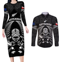 Custom New Zealand Aotearoa Rugby Couples Matching Long Sleeve Bodycon Dress and Long Sleeve Button Shirts NZ Tiki With Maori Fern World Cup Black Version LT14 Black - Polynesian Pride