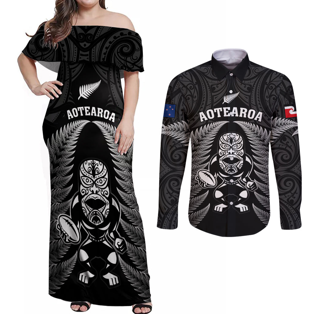 Custom New Zealand Aotearoa Rugby Couples Matching Off Shoulder Maxi Dress and Long Sleeve Button Shirts NZ Tiki With Maori Fern World Cup Black Version LT14 Black - Polynesian Pride