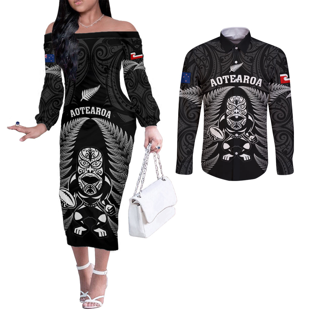 Custom New Zealand Aotearoa Rugby Couples Matching Off The Shoulder Long Sleeve Dress and Long Sleeve Button Shirts NZ Tiki With Maori Fern World Cup Black Version LT14 Black - Polynesian Pride