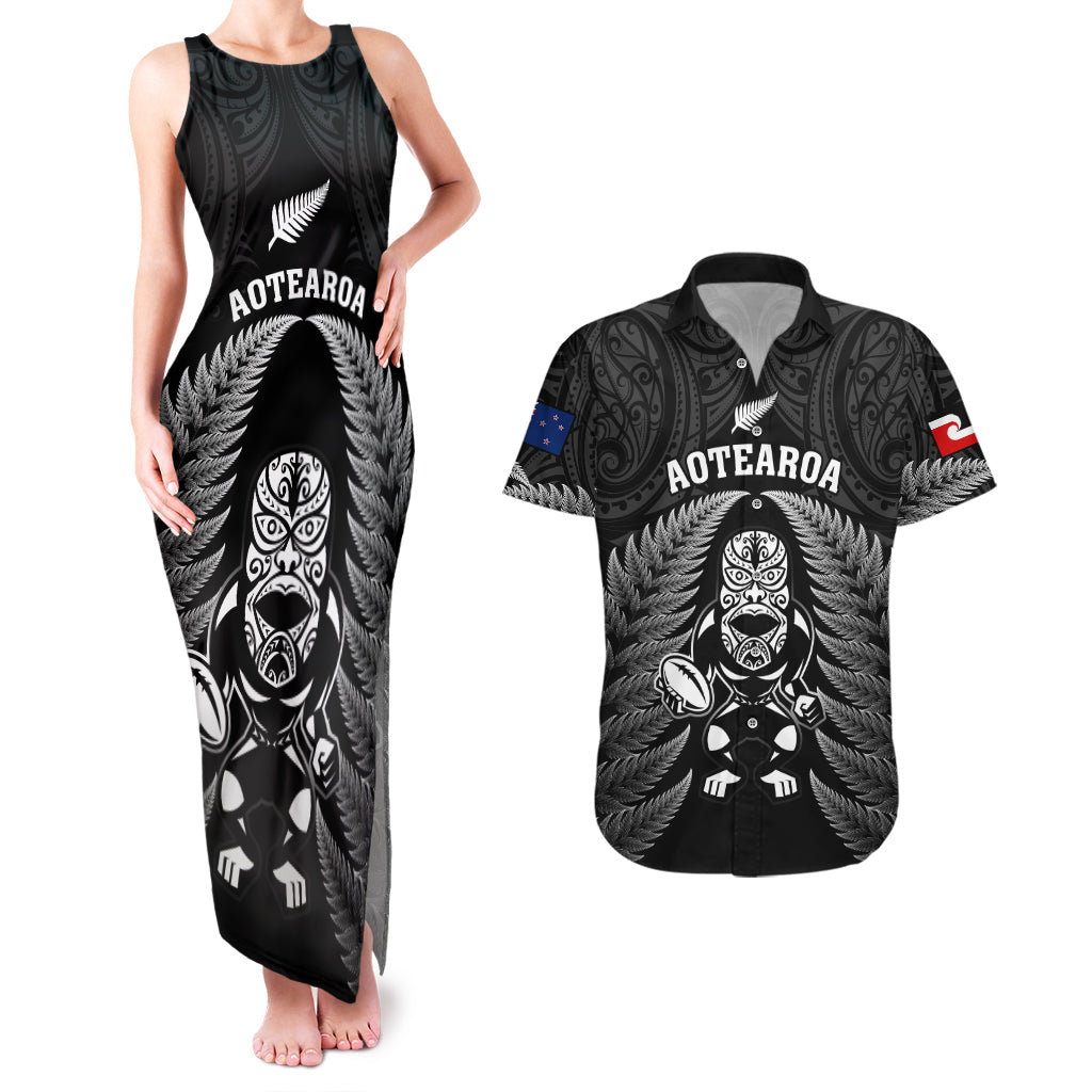 Custom New Zealand Aotearoa Rugby Couples Matching Tank Maxi Dress and Hawaiian Shirt NZ Tiki With Maori Fern World Cup Black Version LT14 Black - Polynesian Pride