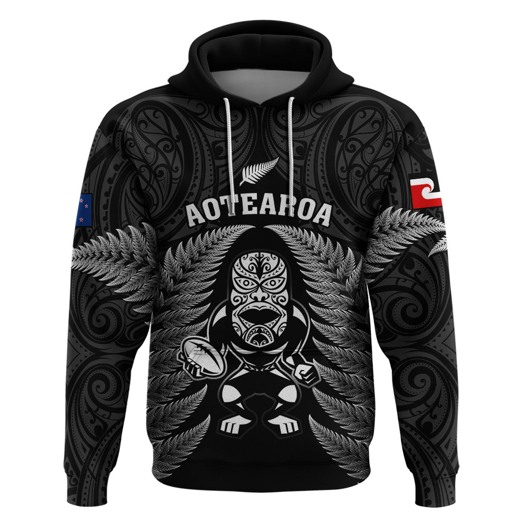 Custom New Zealand Aotearoa Rugby Hoodie NZ Tiki With Maori Fern World Cup Black Version LT14 Pullover Hoodie Black - Polynesian Pride