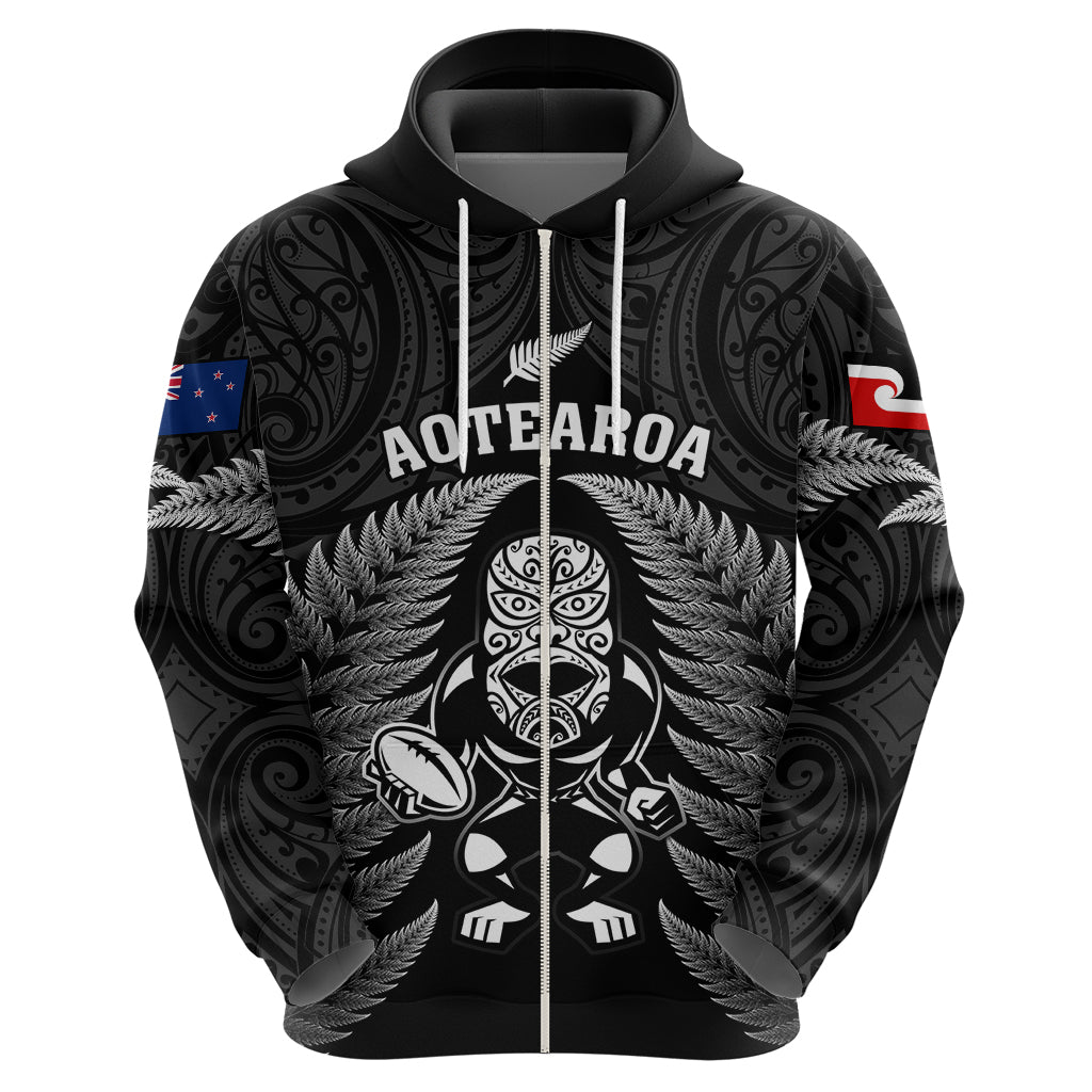 Custom New Zealand Aotearoa Rugby Hoodie NZ Tiki With Maori Fern World Cup Black Version LT14 - Polynesian Pride