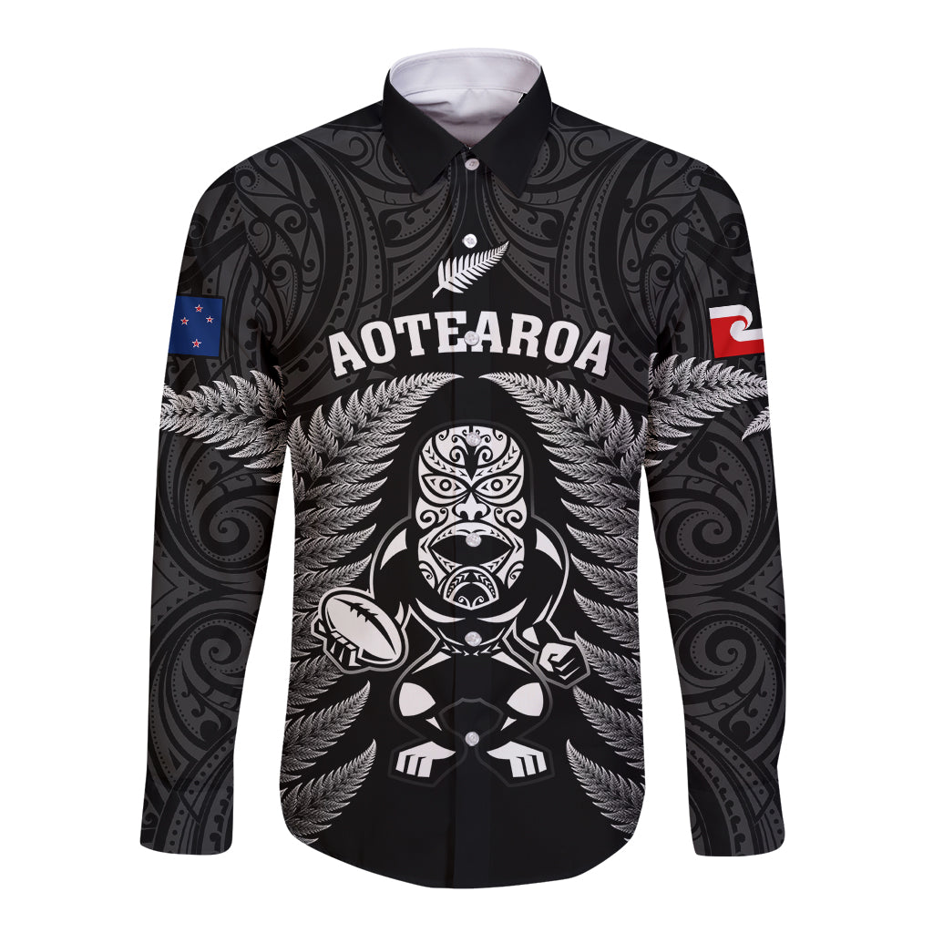 Custom New Zealand Aotearoa Rugby Long Sleeve Button Shirt NZ Tiki With Maori Fern World Cup Black Version LT14 Unisex Black - Polynesian Pride