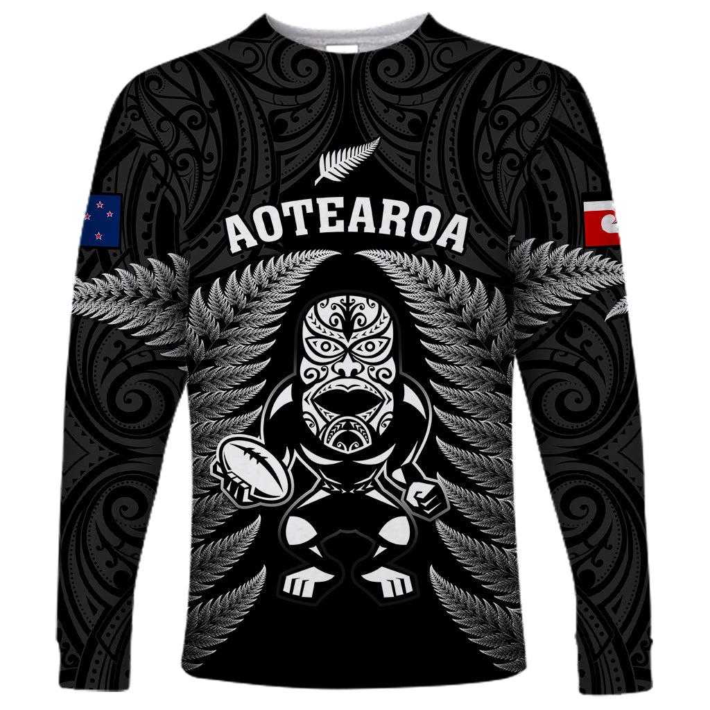 Custom New Zealand Aotearoa Rugby Long Sleeve Shirt NZ Tiki With Maori Fern World Cup Black Version LT14 Unisex Black - Polynesian Pride