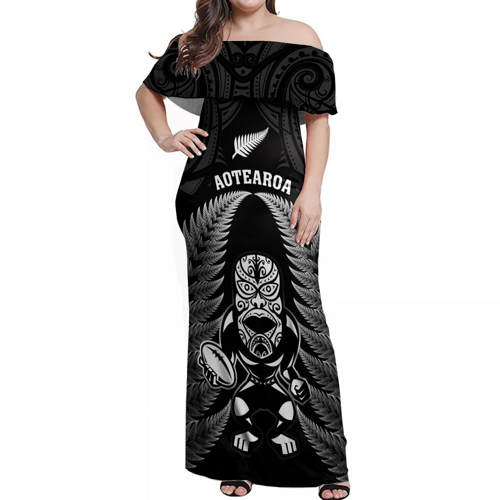 Custom New Zealand Aotearoa Rugby Off Shoulder Maxi Dress NZ Tiki With Maori Fern World Cup Black Version LT14 Women Black - Polynesian Pride