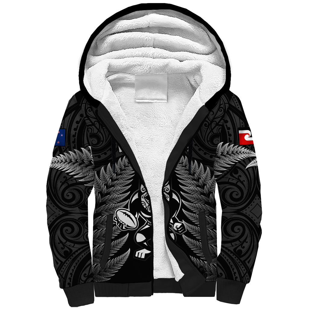 Custom New Zealand Aotearoa Rugby Sherpa Hoodie NZ Tiki With Maori Fern World Cup Black Version LT14 Unisex Black - Polynesian Pride