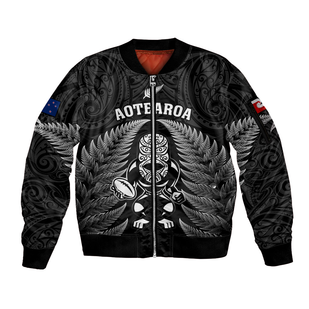 Custom New Zealand Aotearoa Rugby Sleeve Zip Bomber Jacket NZ Tiki With Maori Fern World Cup Black Version LT14 Unisex Black - Polynesian Pride