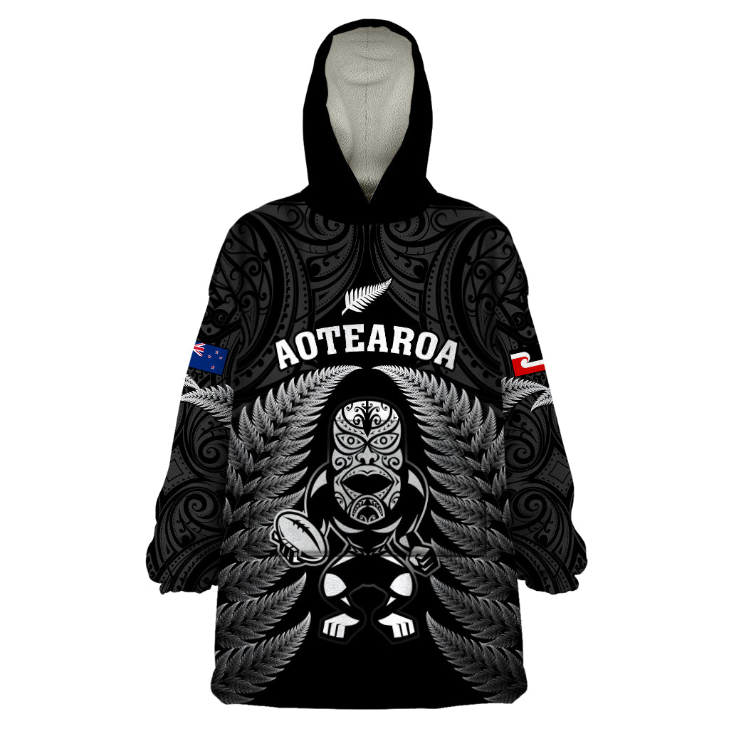 Custom New Zealand Aotearoa Rugby Wearable Blanket Hoodie NZ Tiki With Maori Fern World Cup Black Version LT14 One Size Black - Polynesian Pride