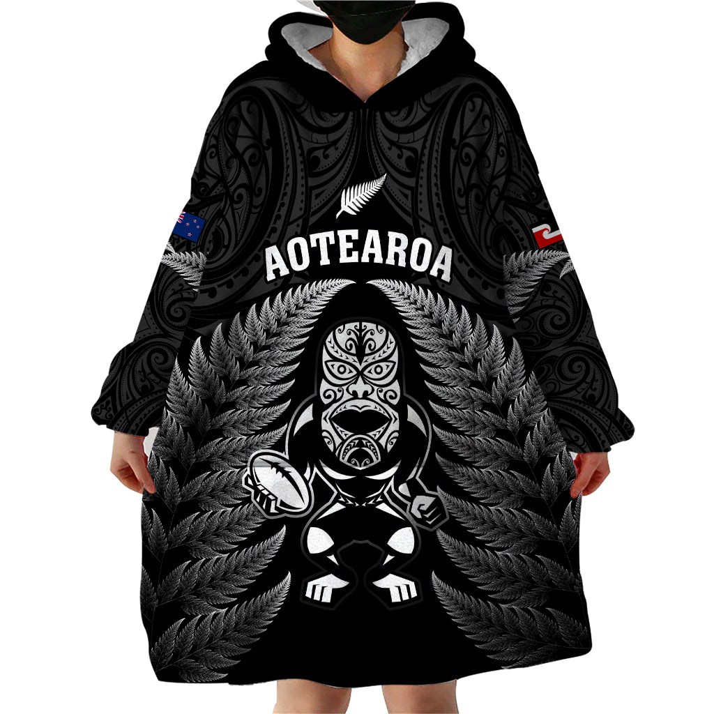 Custom New Zealand Aotearoa Rugby Wearable Blanket Hoodie NZ Tiki With Maori Fern World Cup Black Version LT14 - Polynesian Pride