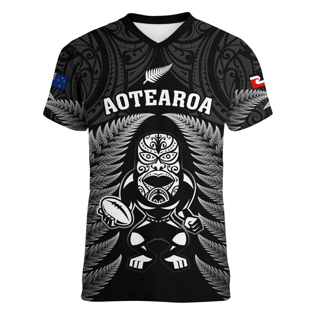 Custom New Zealand Aotearoa Rugby Women V Neck T Shirt NZ Tiki With Maori Fern World Cup Black Version LT14 Female Black - Polynesian Pride