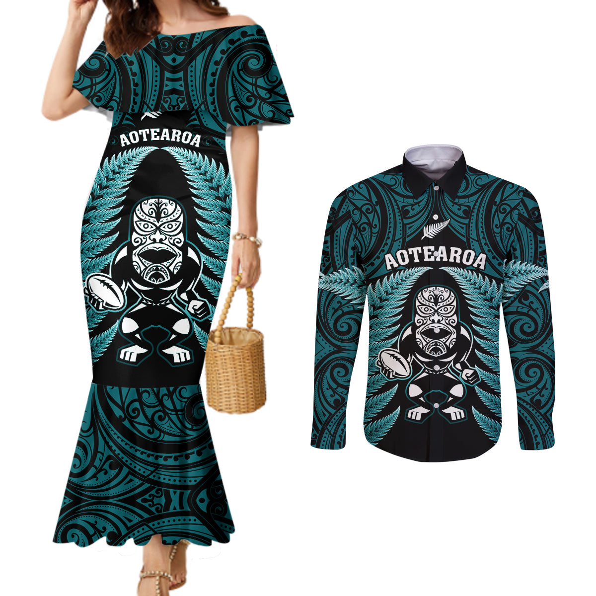 New Zealand Aotearoa Rugby Couples Matching Mermaid Dress and Long Sleeve Button Shirts NZ Tiki With Maori Fern World Cup Turquoise Version LT14 Turquoise - Polynesian Pride