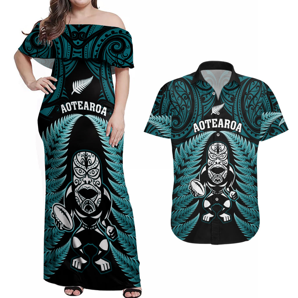 New Zealand Aotearoa Rugby Couples Matching Off Shoulder Maxi Dress and Hawaiian Shirt NZ Tiki With Maori Fern World Cup Turquoise Version LT14 Turquoise - Polynesian Pride