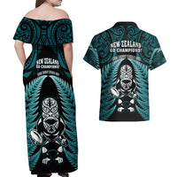New Zealand Aotearoa Rugby Couples Matching Off Shoulder Maxi Dress and Hawaiian Shirt NZ Tiki With Maori Fern World Cup Turquoise Version LT14 - Polynesian Pride