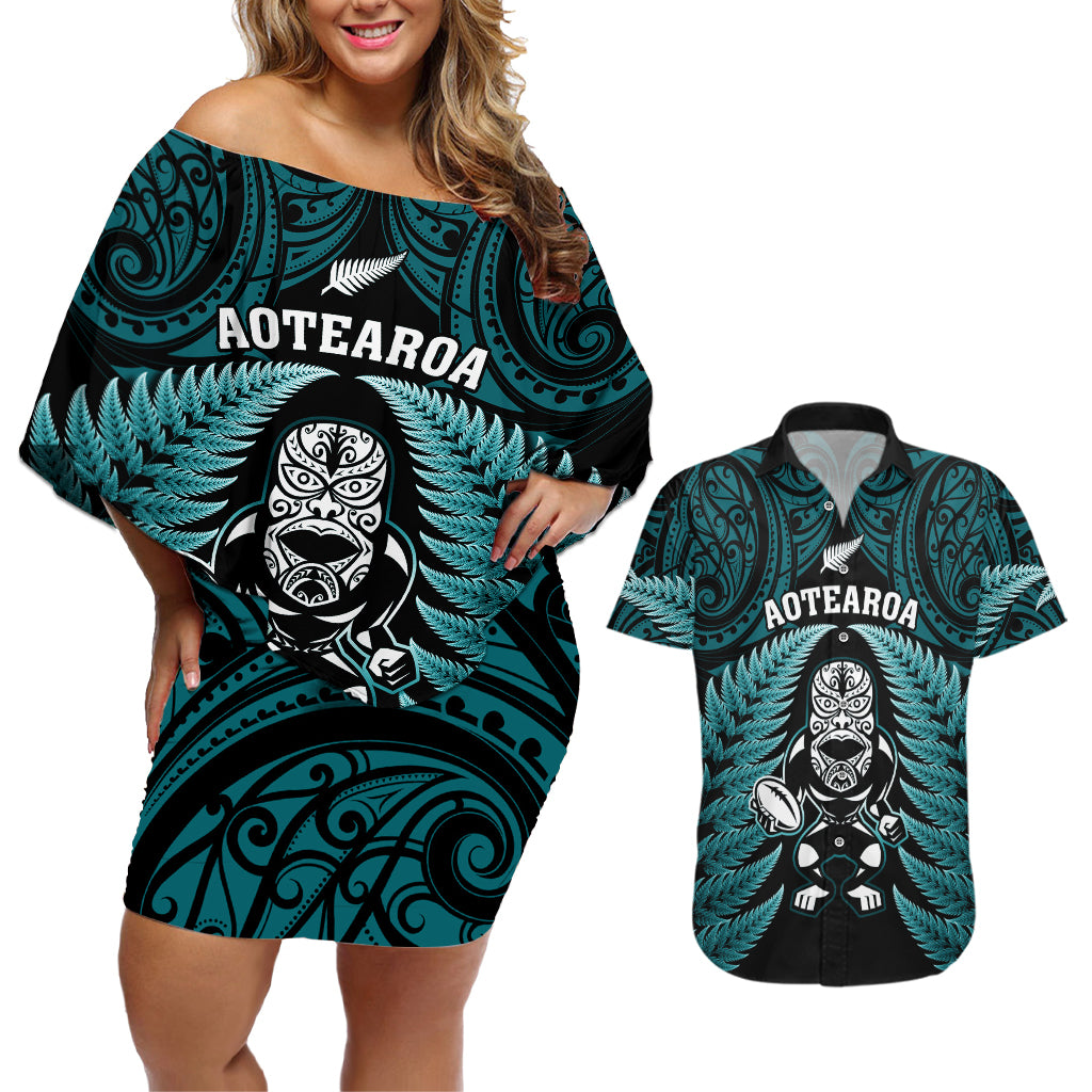 New Zealand Aotearoa Rugby Couples Matching Off Shoulder Short Dress and Hawaiian Shirt NZ Tiki With Maori Fern World Cup Turquoise Version LT14 Turquoise - Polynesian Pride