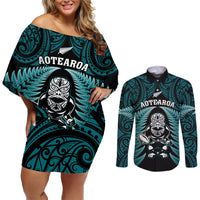 New Zealand Aotearoa Rugby Couples Matching Off Shoulder Short Dress and Long Sleeve Button Shirts NZ Tiki With Maori Fern World Cup Turquoise Version LT14 Turquoise - Polynesian Pride