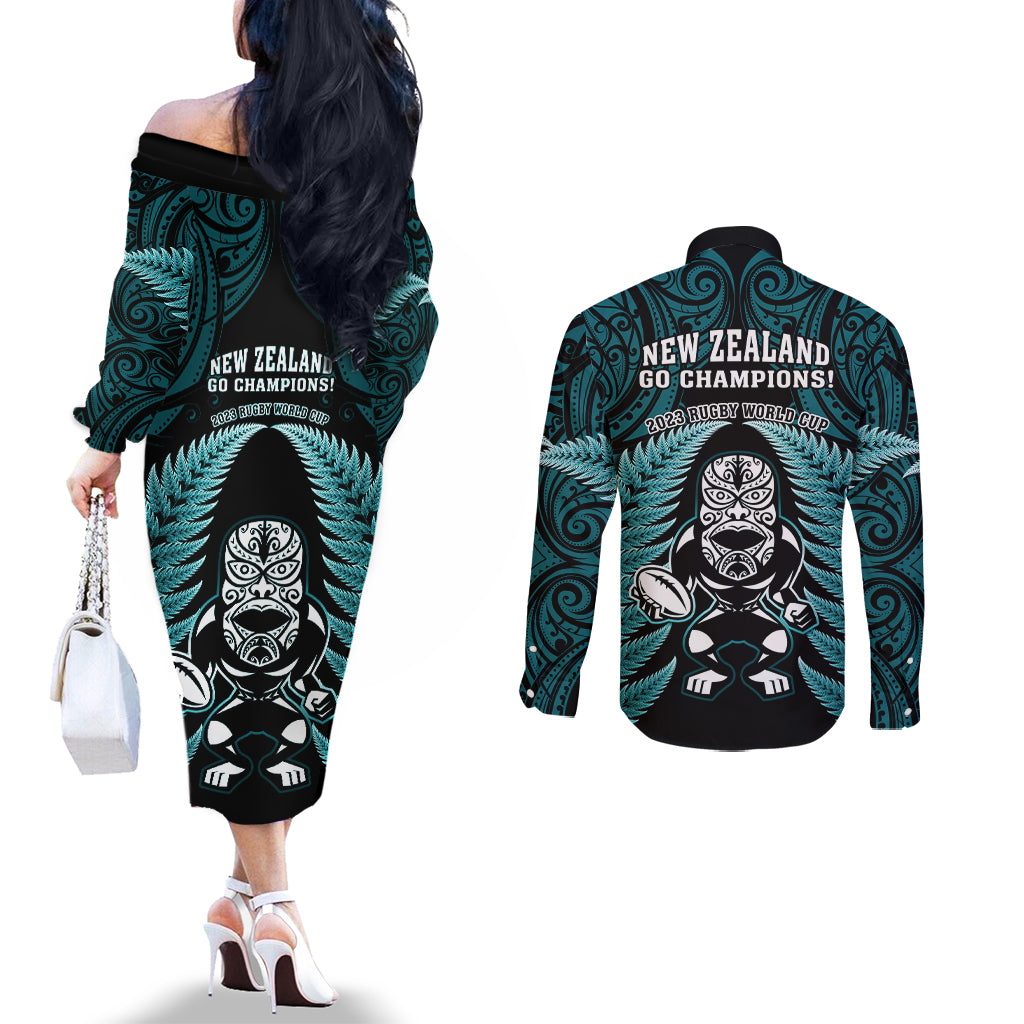 New Zealand Aotearoa Rugby Couples Matching Off The Shoulder Long Sleeve Dress and Long Sleeve Button Shirts NZ Tiki With Maori Fern World Cup Turquoise Version LT14 - Polynesian Pride