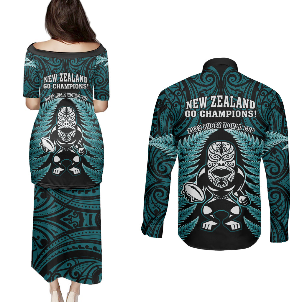 New Zealand Aotearoa Rugby Couples Matching Puletasi Dress and Long Sleeve Button Shirts NZ Tiki With Maori Fern World Cup Turquoise Version LT14 - Polynesian Pride