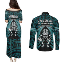 New Zealand Aotearoa Rugby Couples Matching Puletasi Dress and Long Sleeve Button Shirts NZ Tiki With Maori Fern World Cup Turquoise Version LT14 - Polynesian Pride