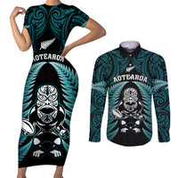 New Zealand Aotearoa Rugby Couples Matching Short Sleeve Bodycon Dress and Long Sleeve Button Shirts NZ Tiki With Maori Fern World Cup Turquoise Version LT14 Turquoise - Polynesian Pride