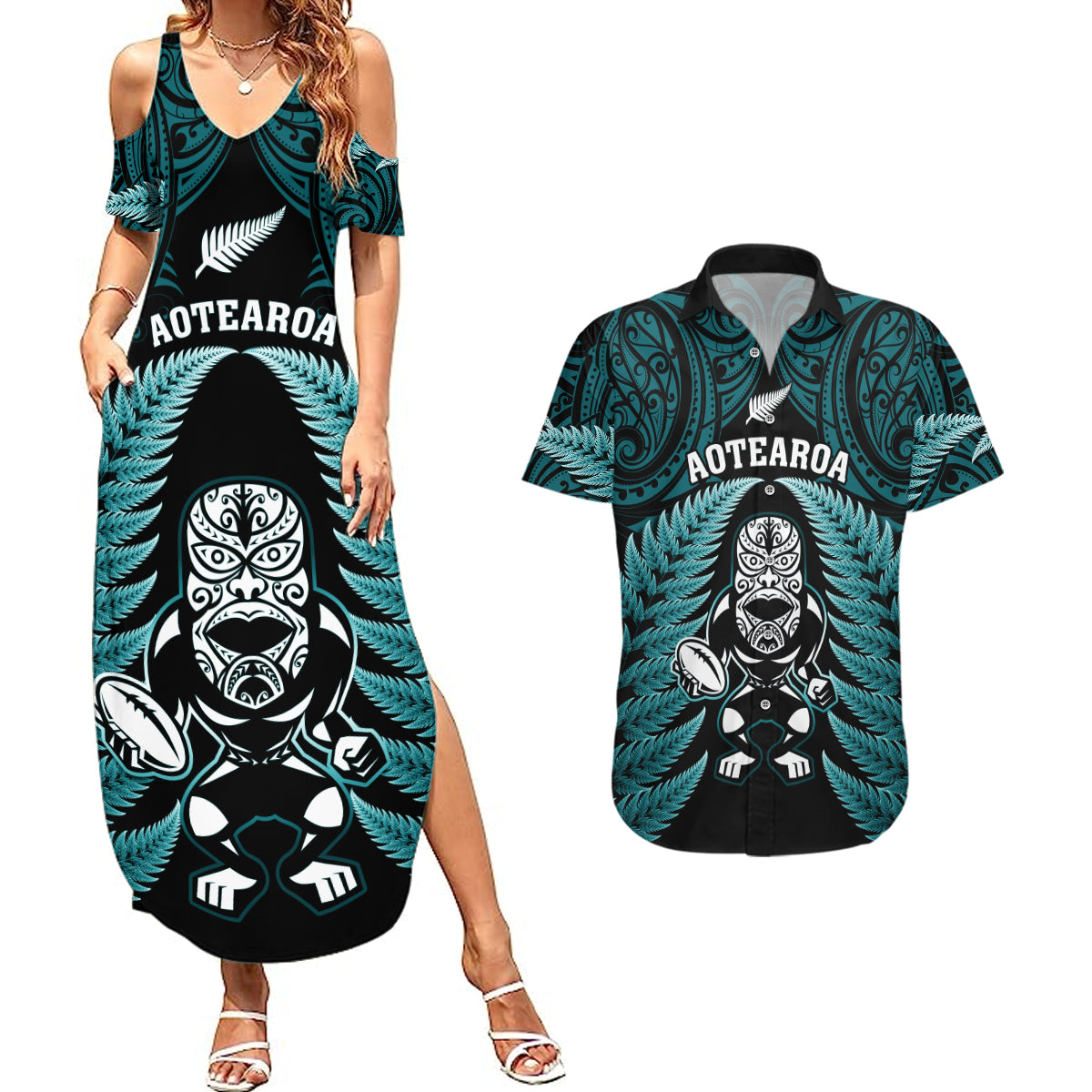 New Zealand Aotearoa Rugby Couples Matching Summer Maxi Dress and Hawaiian Shirt NZ Tiki With Maori Fern World Cup Turquoise Version LT14 Turquoise - Polynesian Pride