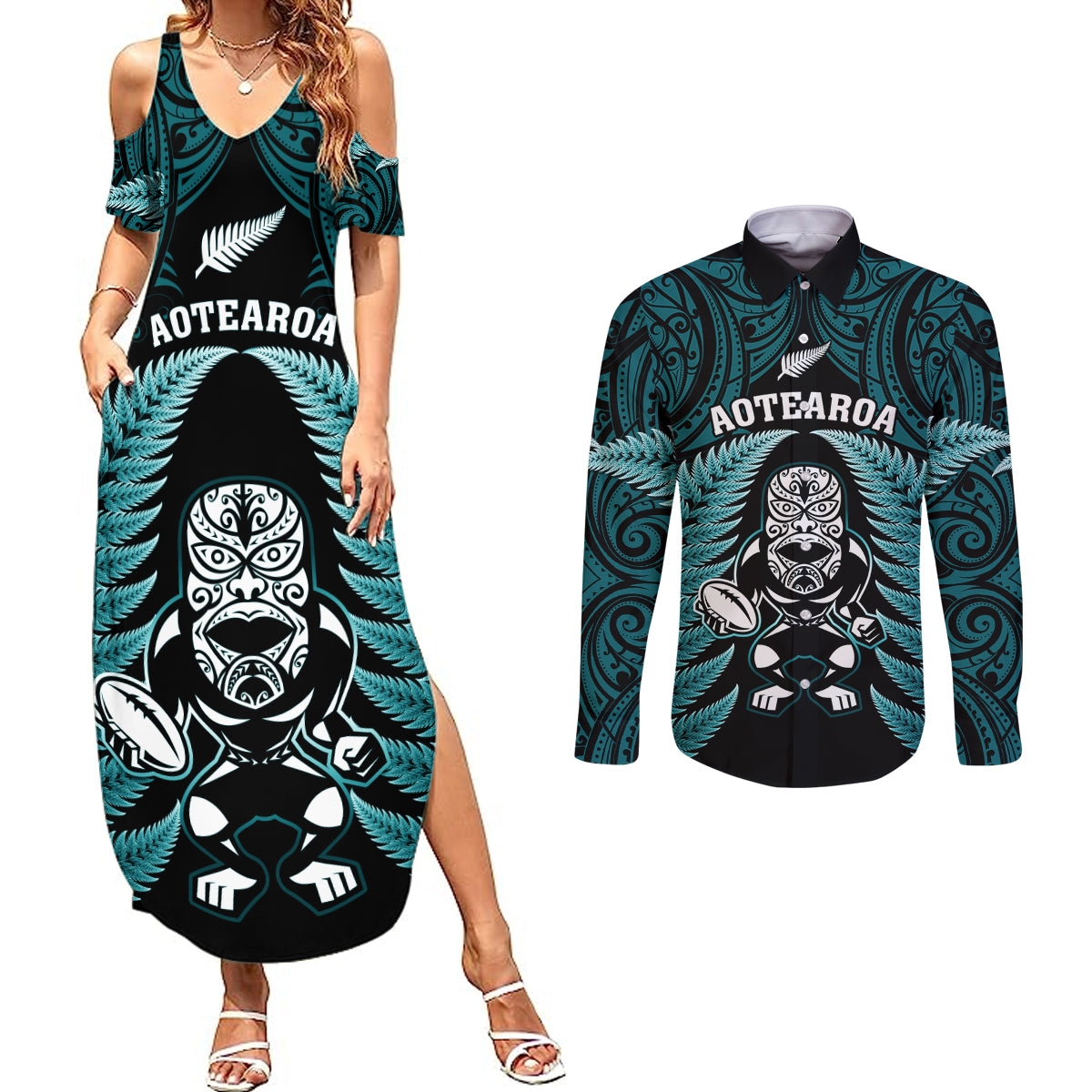 New Zealand Aotearoa Rugby Couples Matching Summer Maxi Dress and Long Sleeve Button Shirts NZ Tiki With Maori Fern World Cup Turquoise Version LT14 Turquoise - Polynesian Pride