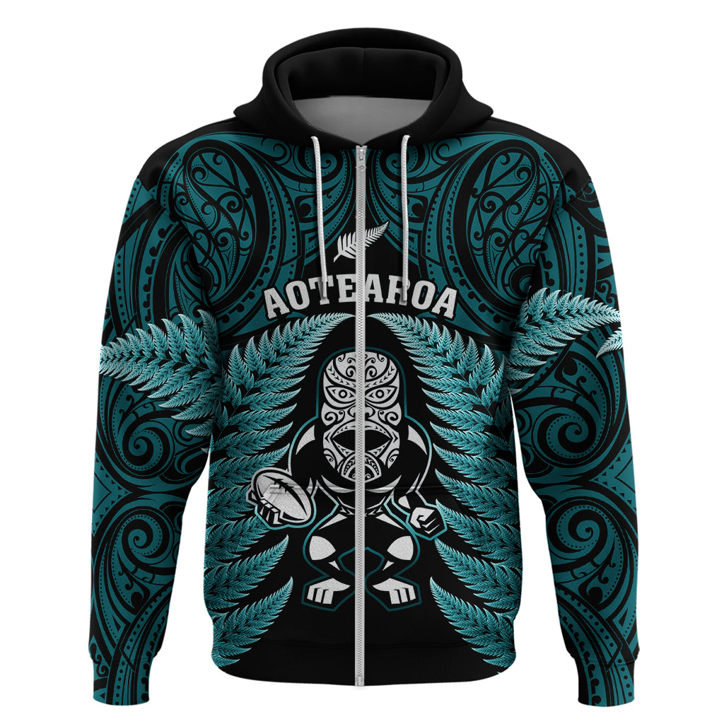 New Zealand Aotearoa Rugby Hoodie NZ Tiki With Maori Fern World Cup Turquoise Version LT14 - Polynesian Pride