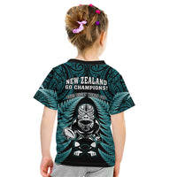 New Zealand Aotearoa Rugby Kid T Shirt NZ Tiki With Maori Fern World Cup Turquoise Version LT14 - Polynesian Pride