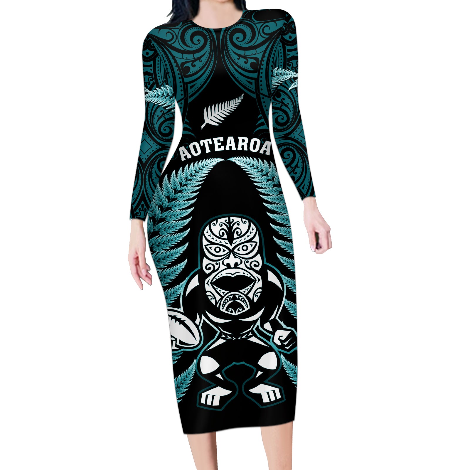 New Zealand Aotearoa Rugby Long Sleeve Bodycon Dress NZ Tiki With Maori Fern World Cup Turquoise Version LT14 Long Dress Turquoise - Polynesian Pride