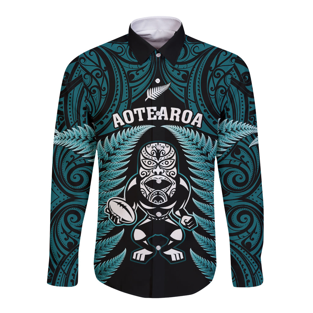 New Zealand Aotearoa Rugby Long Sleeve Button Shirt NZ Tiki With Maori Fern World Cup Turquoise Version LT14 Unisex Turquoise - Polynesian Pride