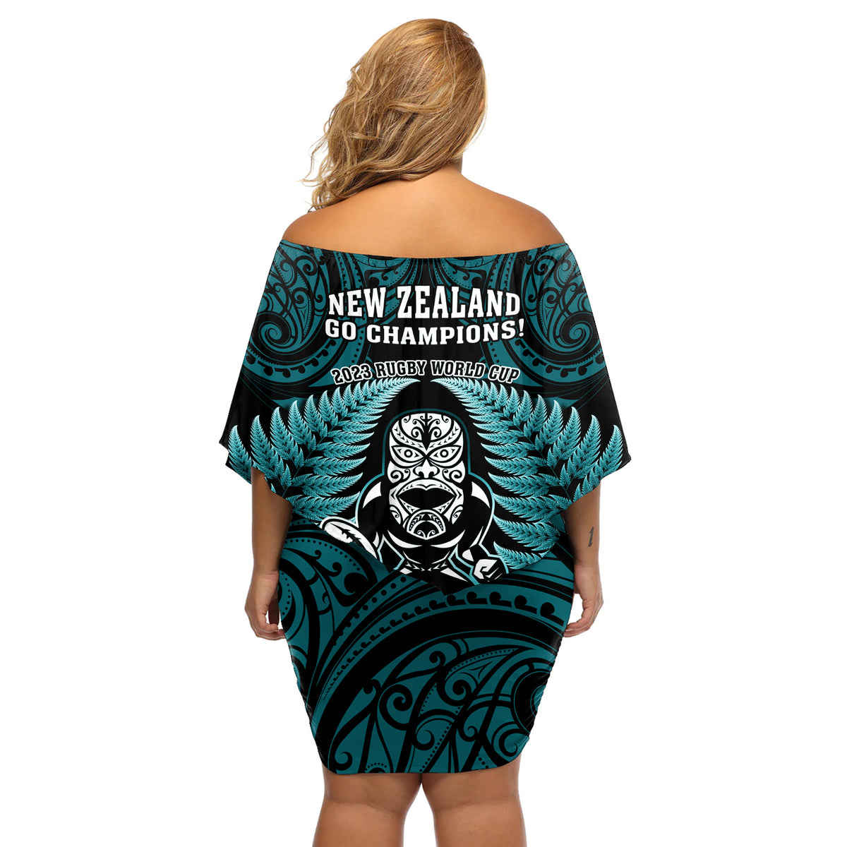 New Zealand Aotearoa Rugby Off Shoulder Short Dress NZ Tiki With Maori Fern World Cup Turquoise Version LT14 - Polynesian Pride