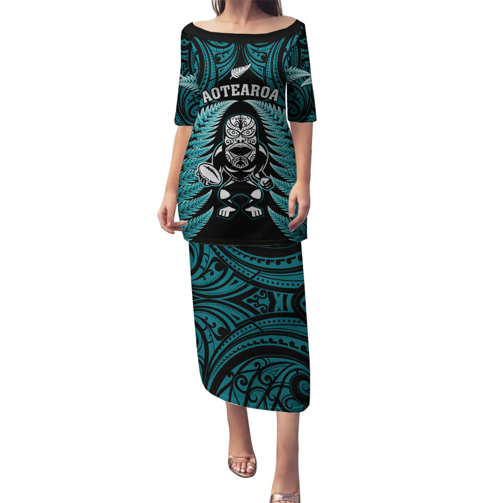 New Zealand Aotearoa Rugby Puletasi NZ Tiki With Maori Fern World Cup Turquoise Version LT14 Long Dress Turquoise - Polynesian Pride